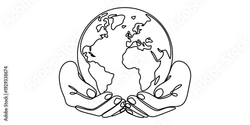 Minimalist black and white line art illustration of human hands cradling the planet earth