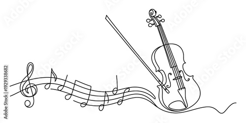 Continuous line drawing of a violin with a bow and musical notes on a flowing staff.