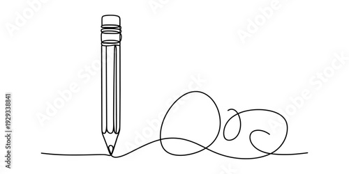 Continuous line drawing of a pencil standing upright and creating a scribbled path on white. Vector, illustration