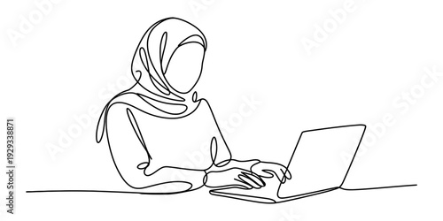 Continuous line drawing of a muslim woman wearing a hijab working on her laptop at a desk
