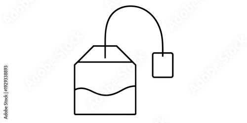 Simple line drawing illustration of a tea bag with a string and a hanging tag on white background.