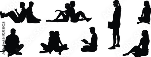 Large collection of black silhouettes featuring men and women sitting back to back reading and relaxing in various casual poses isolated on white background
