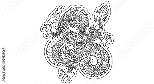 Traditional Chinese Dragon Tattoo Design - Black and White Outline