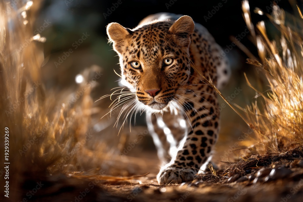 Fototapeta premium Majestic Leopard Moving Through Tall Grass in the Savannah at Night