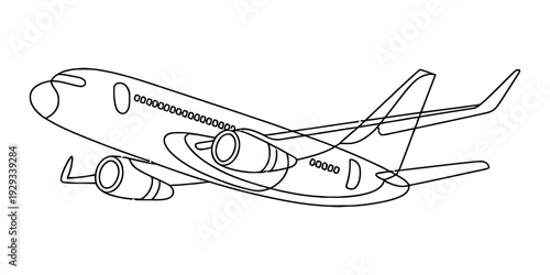 A simple black and white line drawing of a commercial airplane in flight against a white background. Vector, illustration