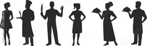 Large collection of black silhouettes featuring professional chefs waiters and kitchen staff holding knives and serving food isolated on white background for restaurant design