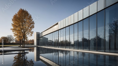 Edificio moderno con fachada acristalada reflejada en estanque