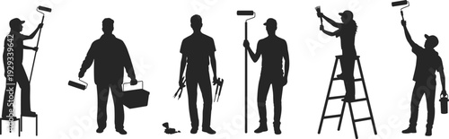 Large collection of black silhouettes featuring professional house painters holding rollers brushes and toolboxes while standing on ladders in various active home renovation poses