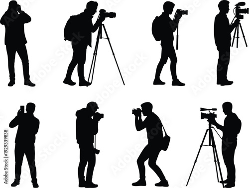 Large collection of black silhouettes featuring professional photographers and videographers using cameras and tripods in various shooting positions isolated on white background for media