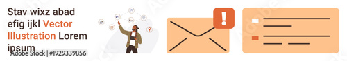 Email marketing, digital communication, networking, online notifications, workplace collaboration, branding. Person with icons, envelope with alert contact details card. Email marketing and digital