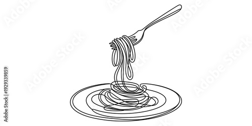 A simple black and white line drawing of a plate of spaghetti with a fork lifting some noodles. Vector, illustration