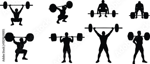Large collection of black silhouettes featuring professional male weightlifters lifting heavy barbells in various powerlifting and bodybuilding poses isolated on a white background