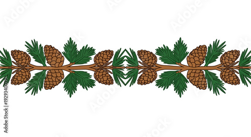 Pinecone branch border with green needles on white background