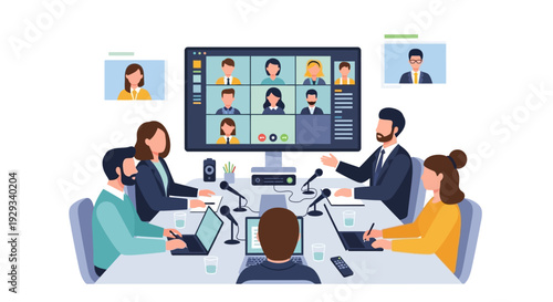 Hybrid Business Meeting Illustration: Team Collaborating In-Person and Via Video Conference with Remote Participants