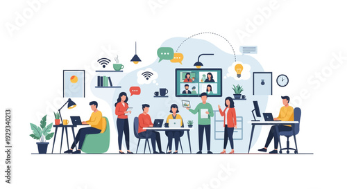 Modern Business Team Collaboration & Hybrid Work in Office Environment with Digital Communication & Video Conference