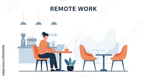 Remote Work at Coffee Shop: Woman Freelancer Using Laptop in Cafe, Modern Lifestyle, Flat Vector Illustration
