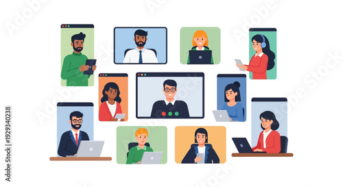 Diverse Business Team in Virtual Video Conference Call. Online Meeting, Remote Work, Telecommuting and Distance Learning Concept. Group of People Collaborating Remotely.