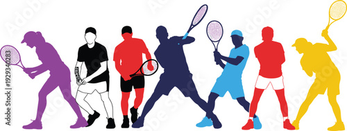 Large collection of colorful silhouettes featuring male and female tennis players holding rackets and hitting balls in various active sports poses isolated on white