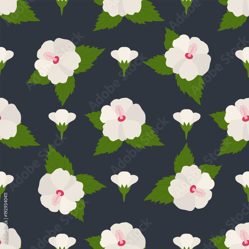 White hibiscus flowers with buds and leaves isolated on dark blue. Seamless pattern, flat style. Floral repeat background for textile, wallpaper, wrapping paper, greeting cards and seasonal decoration