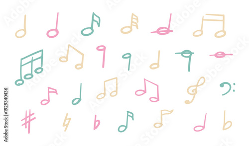 春色カラーの手書き風の音符のイラスト