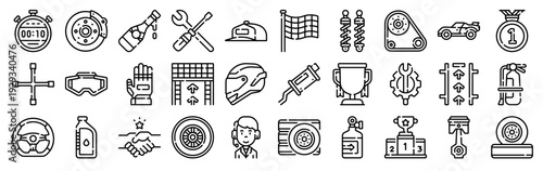 Set of 30 auto racing thin line icons including stopwatch, wheel, trophy, pit stop, tools, helmet, flag, steering wheel, brakes, oil for web and mobile design