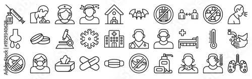 Set of 30 coronavirus disease thin line web icons including vaccine, medical mask, thermometer, capsule, doctor, hospital, hygiene and health safety symbols in editable vector format