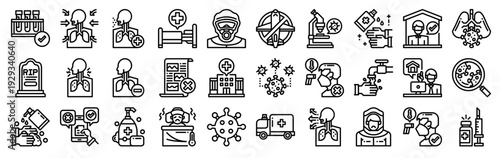Set of 30 coronavirus thin line icons including test tube, hospital bed, infected, quarantine, hygiene, medical safety, health emergency and pandemic related symbols