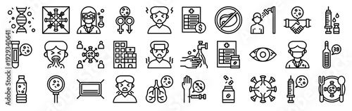 Set of 30 coronavirus and medical health thin line icons including DNA, cough, infectious disease, prescription, paramedic, virus, test tube, quarantine, hygiene