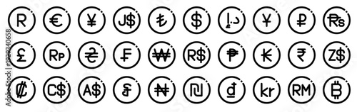 Set of 30 currency thin line vector icons including dollar, euro, pound, yen, rupee, naira, riel, franc, and various international monetary symbols for web and app design