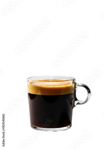 Freshly brewed ristretto espresso in a transparent glass mug with golden crema and rising steam on a transparent background. Concept for beverage advertising