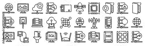 Set of 30 database and server thin line icons including network, SQL, WiFi router, server, tower, cloud, local, verified symbols. Vector outline web pack