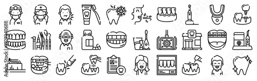 Set of 30 dental care thin line icons including dentist, toothbrush, braces, extraction, toothpaste, denture, brushing teeth, sensitivity, hygiene and dental treatment symbols