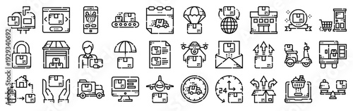 Set of 30 delivery thin line icons including mail box, airplane, conveyor, email, motorcycle, package, warehouse, cargo, drone, van for web and apps