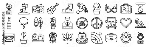 Set of 30 hippie culture thin line icons including peace, love, guitar, dreamcatcher, marijuana, flower, dove, retro symbols in outline vector format