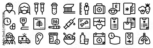 Set of 30 health and medical thin line vector icons including injury, vitamin, salad, test tube, cardiogram, weight scale, ambulance, pills, syringe, thermometer and more