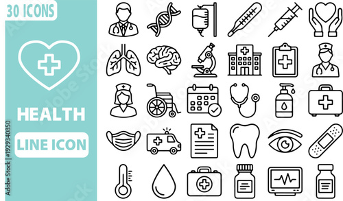 Health and Medical Icons: A comprehensive collection of 30 clean line icons representing various aspects of health and medical care, perfect for digital and print use.