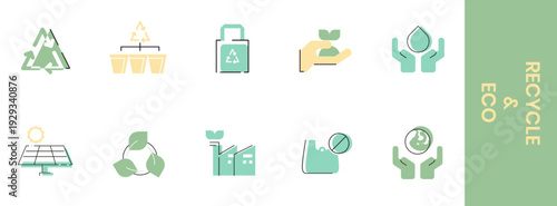 Flat eco and recycling icon set featuring renewable energy, waste sorting, reusable bag, plant care, water saving, and environmental protection symbols for sustainability and green projects.