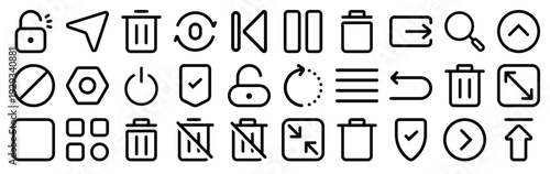 Set of 30 interface thin line web icons including unlock, trash, repeat, menu, options, stop, pause, power, settings. Editable stroke vector illustration