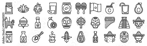 Set of 30 Mexico thin line web icons including chili, piÃ±ata, skull, corn, candle, agave, guitar, maracas. Vector outline illustration pack for cultural and travel projects
