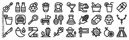 Set of 30 Mexico thin line vector icons including guitar, cactus, skull, chili, corn, rose, maracas, piÃ±ata and traditional Mexican culture symbols