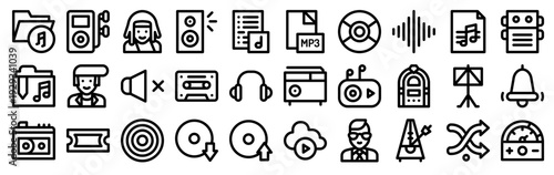 Set of 30 music thin line web icons including folder, download, upload, speaker, mp player, stand, ticket, audio, playlist, headset. Vector outline stroke illustration