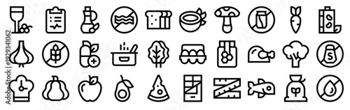 Set of 30 nutrition thin line icons including wine, avocado, cheese, honey, broccoli, pumpkin, garlic, mushroom, eggs, bread, olive oil and more vector outline web symbols