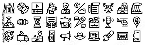 Set of 30 news and media thin line icons including cameraman, tribune, voice recorder, propaganda, clapperboard, helicopter, reporter, interview, photography, vehicle, and connectivity