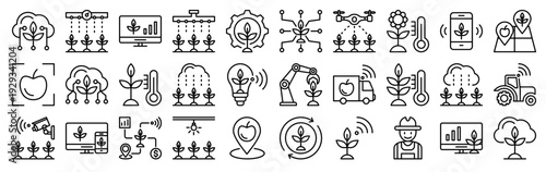 Set of 30 smart farm thin line icons: cloud, lighting, watering plants, truck, rain, monitor, scanner, drone, robot, thermometer, agriculture technology symbols