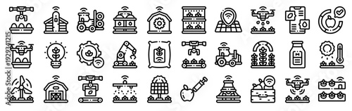 Set of 30 smart farm agriculture technology thin line icons: tractor, drone, robotic arm, solar energy, watering, water tank, windmill, vertical farming, harvest, silo. Vector outline web set