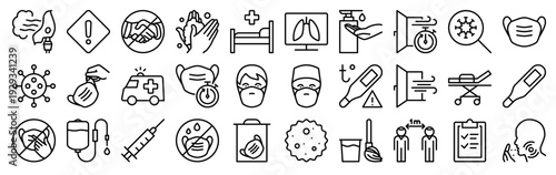 Set of 30 stop virus thin line web icons including mask, medical, wash, temperature, hygiene, protection, hospital, emergency, doctor, syringe, thermometer