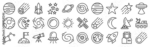 Set of 30 space thin line icons including jupiter, spaceship, spiral galaxy, stars, falling star, antenna, moon, planets, satellite, rocket vector illustration