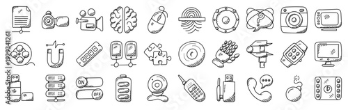 Set of 30 technology thin line web icons: battery, camera, brain, robotic hand, smartwatch, server, fingerprint, usb, storage, devices, multimedia, computer, communication