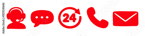 Set of red customer service icons including support agent, chat bubble, 24/7 availability, phone, and email symbol on a white background.