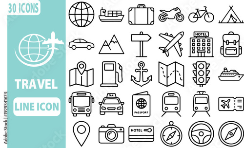 Travel Line Icons: A collection of minimalist line icons representing various aspects of travel and tourism, including transportation, accommodation, navigation, and essential travel accessories.
